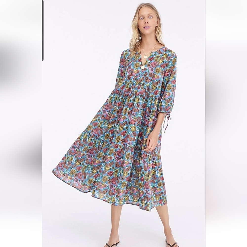 J. Crew Vibrant Floral Tiered Long Sleeve Midi Dress